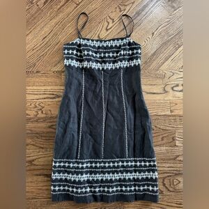 Ann Taylor LOFT Linen Embroidered Patterned Slip Sleeveless Black Dress Midi 10